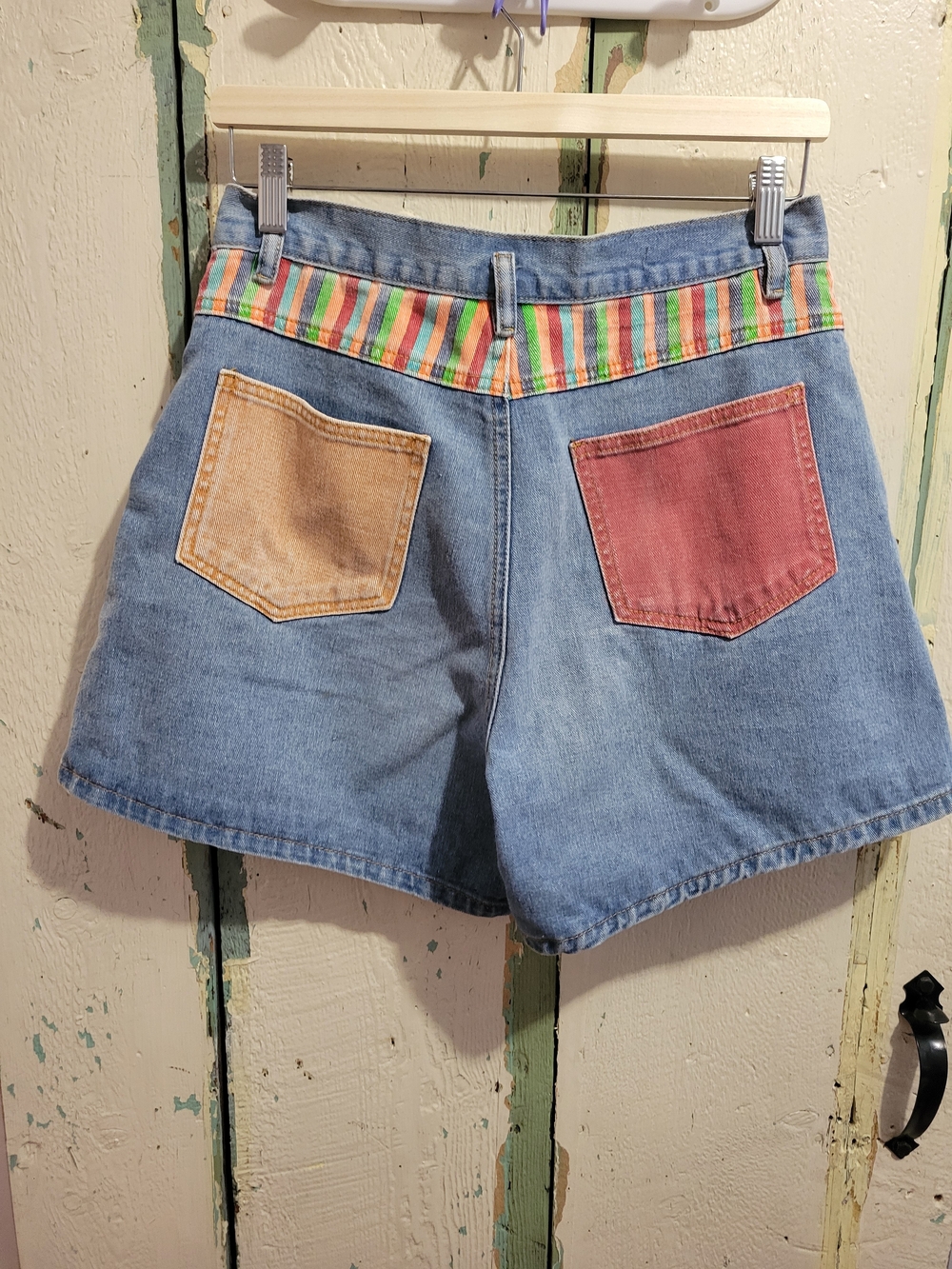 Denim Jean Shorts with Color-Block Pockets and Striped Waistband - Blue *SeeNote
